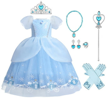 IBTOM CASTLE Little Girls Princess Halloween Cosplay Outfits for Kids Party Fancy Dress up Long Evening Gown 2-3 Years Cinderella Blue