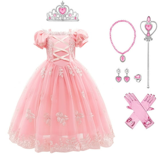 IBTOM CASTLE Little Girls Princess Halloween Cosplay Outfits for Kids Party Fancy Dress up Long Evening Gown 3-4 Years Peach Pink