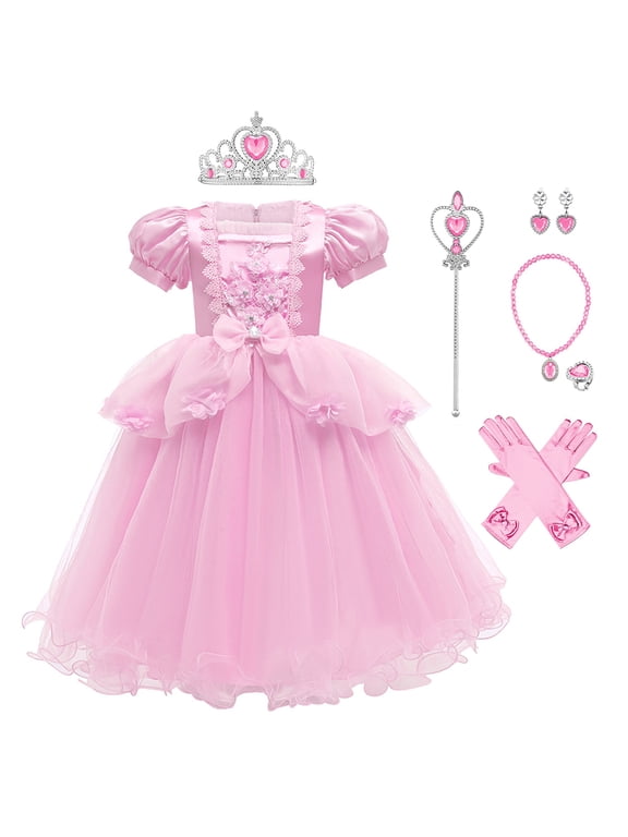 Little Girls Princess Halloween Cosplay Outfits for Kids Party Fancy Dress up Long Evening Gown 4-5 Years Pink