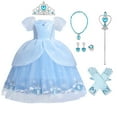 thumbnail image 1 of IBTOM CASTLE Little Girls Princess Halloween Cosplay Outfits for Kids Party Fancy Dress up Long Evening Gown 5-6 Years Cinderella Blue, 1 of 8