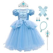IBTOM CASTLE Little Girls Princess Halloween Cosplay Outfits for Kids Party Fancy Dress up Long Evening Gown 6-7 Years Blue