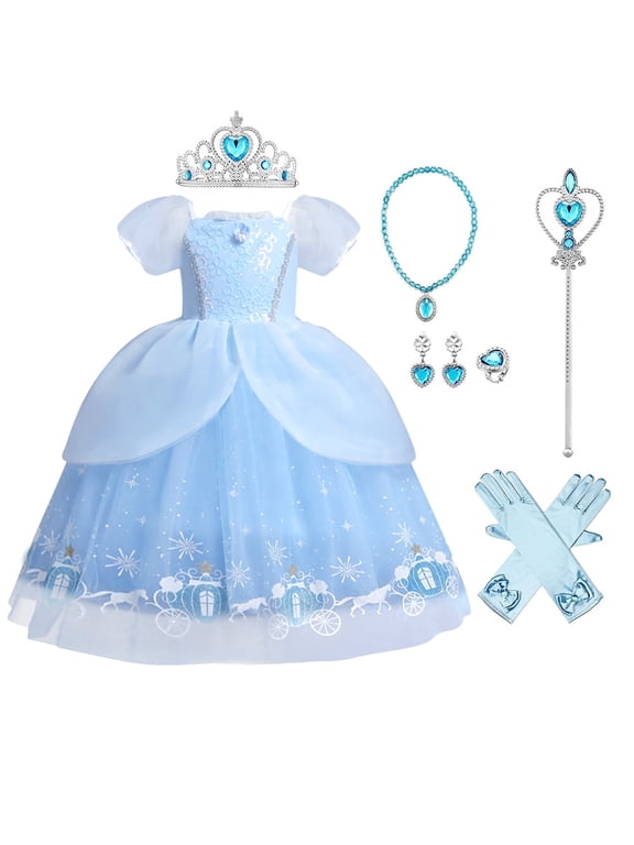 Little Girls Princess Halloween Cosplay Outfits for Kids Party Fancy Dress up Long Evening Gown 6-7 Years Cinderella Blue