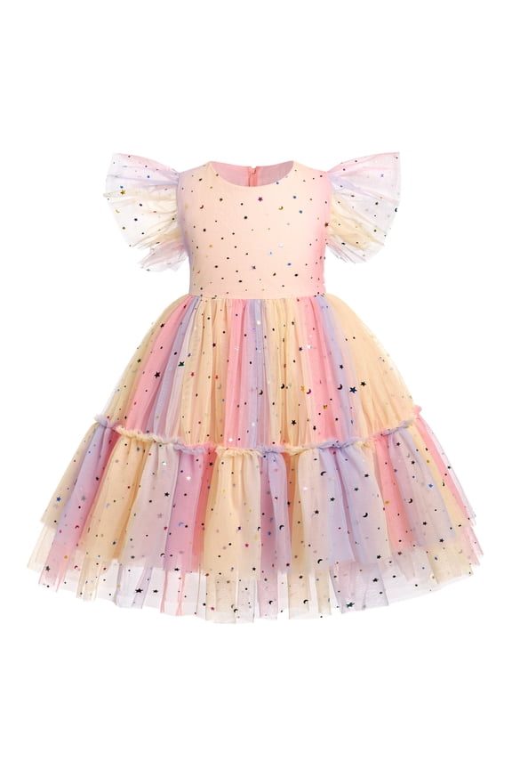Kids Girls Princess Tulle Tutu Dress Flutter Sleeve Star Glitters Rainbow Birthday Party Pageant Summer Dresses 5-6 Years Rainbow Pink