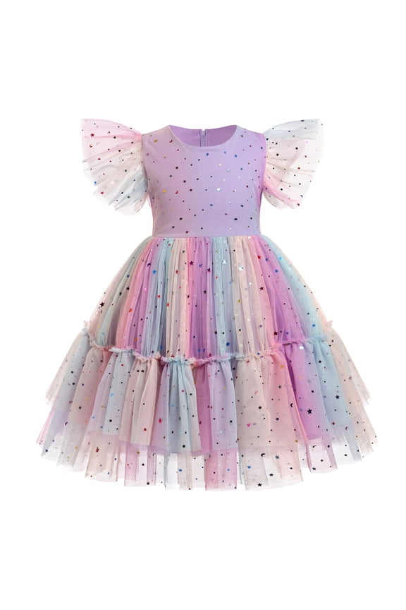 Kids Girls Princess Tulle Tutu Dress Flutter Sleeve Star Glitters Rainbow Birthday Party Pageant Summer Dresses 5-6 Years Rainbow Purple