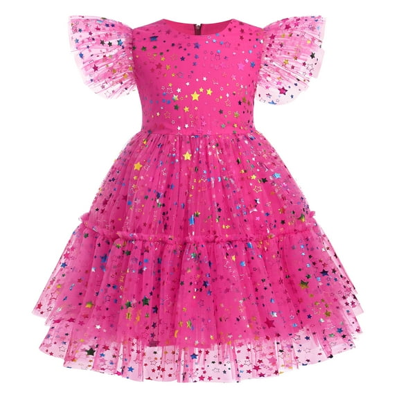 IBTOM CASTLE Kids Girls Princess Tulle Tutu Dress Flutter Sleeve Star Glitters Rainbow Birthday Party Pageant Summer Dresses 7-8 Years Hot Pink