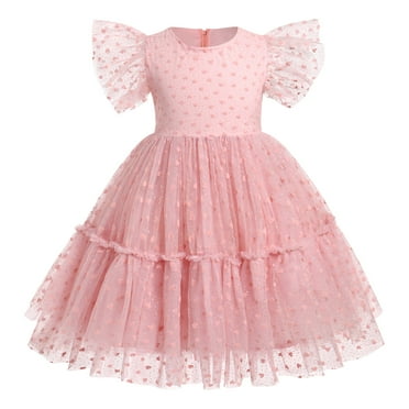 IBTOM CASTLE Little Girls Princess Tulle Tutu Dress Flutter Sleeve Star Glitters Rainbow Birthday Party Pageant Summer Dresses 7-8 Years Pink Heart