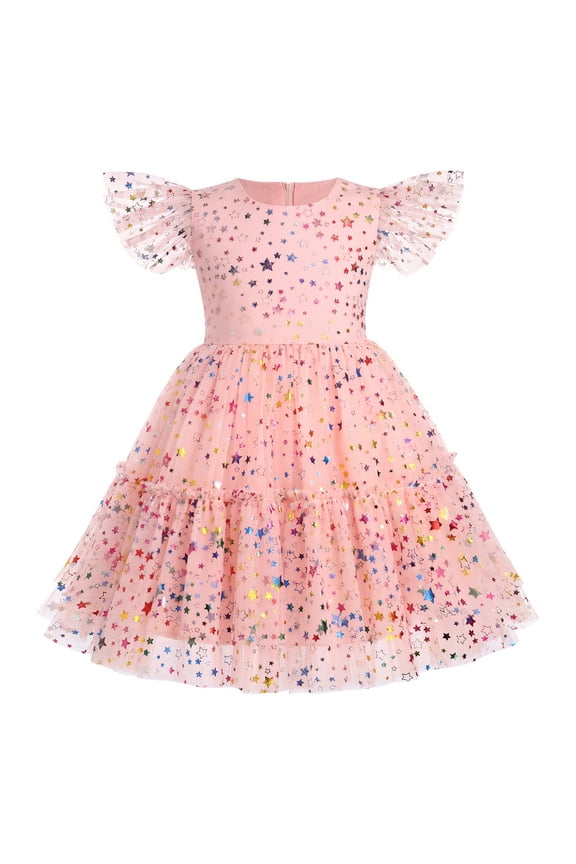 Kids Girls Princess Tulle Tutu Dress Flutter Sleeve Star Glitters Rainbow Birthday Party Pageant Summer Dresses 7-8 Years Pink