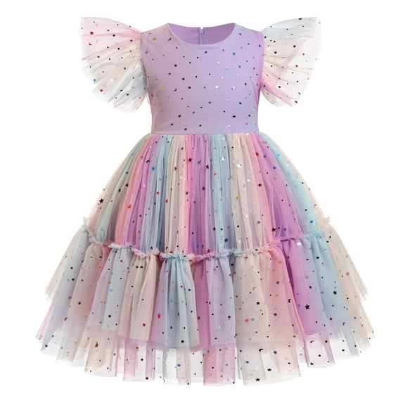 IBTOM CASTLE Kids Girls Princess Tulle Tutu Dress Flutter Sleeve Star Glitters Rainbow Birthday Party Pageant Summer Dresses 9-10 Years Rainbow Purple