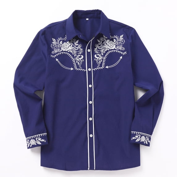 IBTOM CASTLE Men's Embroidered Western Shirt Long Sleeve Cowboy Shirt Country Concerts, Rodeos,Ranch Wear And Casual Cowboy Style,For Festivals,Travel Blue