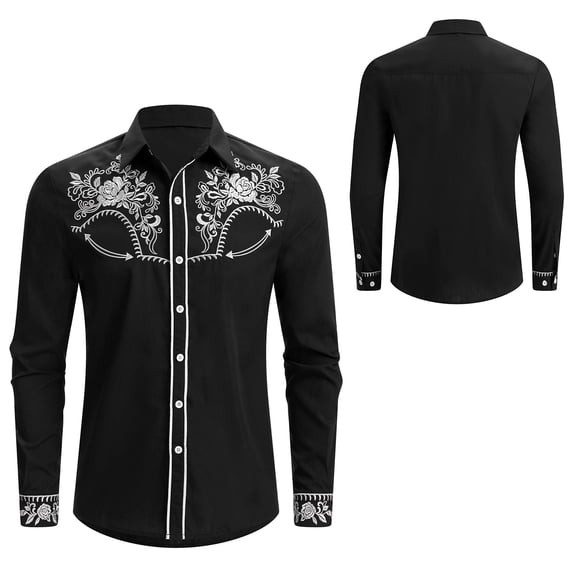 IBTOM CASTLE Men's Embroidered Western Shirt Long Sleeve Cowboy Shirt Country Concerts, Rodeos,Ranch Wear And Casual Cowboy Style,For Festivals,Travel M Black