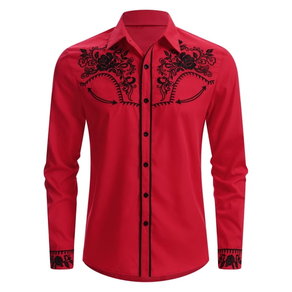 IBTOM CASTLE Men's Embroidered Western Shirt Long Sleeve Cowboy Shirt Country Concerts, Rodeos,Ranch Wear And Casual Cowboy Style,For Festivals,Travel Red
