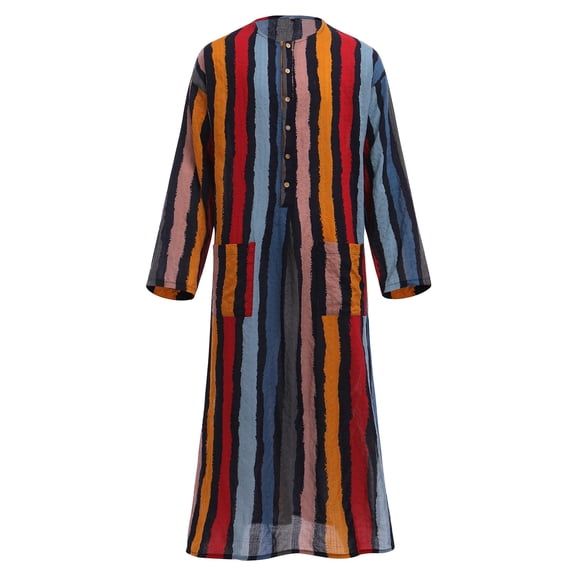 IBTOM CASTLE Men's Muslim Thobe Long Sleeve Striped Robe Gown Arab Islamic Kaftan Abaya Dress Middle East Dubai Ramadan Clothing 2XL Red