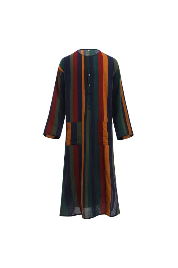 Men's Muslim Thobe Long Sleeve Striped Robe Gown Arab Islamic Kaftan Abaya Dress Middle East Dubai Ramadan Clothing 2XL Yellow