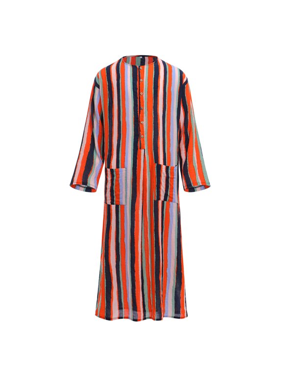Men's Muslim Thobe Long Sleeve Striped Robe Gown Arab Islamic Kaftan Abaya Dress Middle East Dubai Ramadan Clothing 5XL Orange