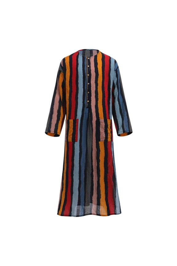 Men's Muslim Thobe Long Sleeve Striped Robe Gown Arab Islamic Kaftan Abaya Dress Middle East Dubai Ramadan Clothing L Red