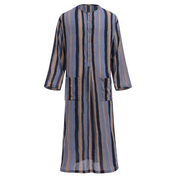 IBTOM CASTLE Men's Muslim Thobe Long Sleeve Striped Robe Gown Arab Islamic Kaftan Abaya Dress Middle East Dubai Ramadan Clothing XL Blue