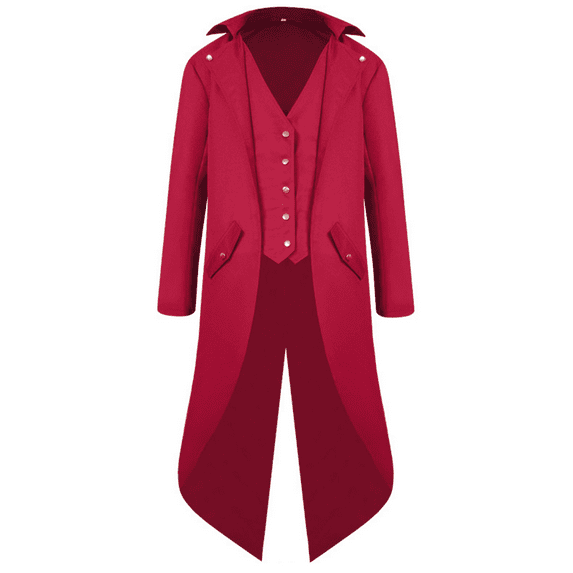 IBTOM CASTLE Men's Steampunk Vintage Tailcoat Jacket Gothic Medieval Victorian Frock Button Down Swallow Coat 2XL Red