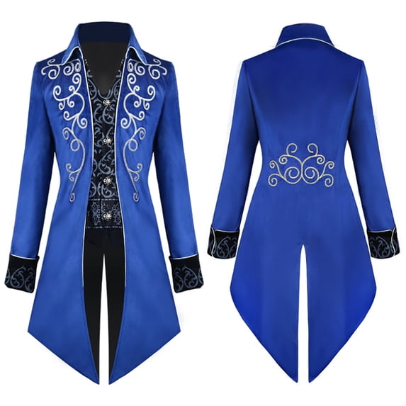 IBTOM CASTLE Men's Steampunk Vintage Tailcoat Jacket Gothic Medieval Victorian Frock Button Down Swallow Coat Uniform 2XL Blue Floral