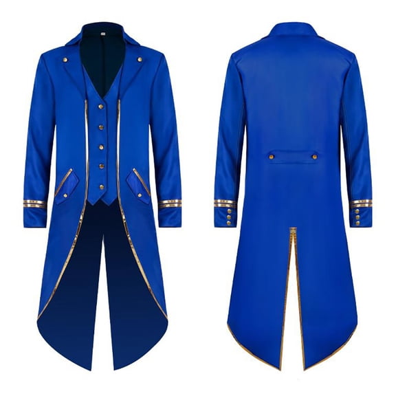 IBTOM CASTLE Men's Steampunk Vintage Tailcoat Jacket Gothic Medieval Victorian Frock Button Down Swallow Coat Uniform L Blue & Gold