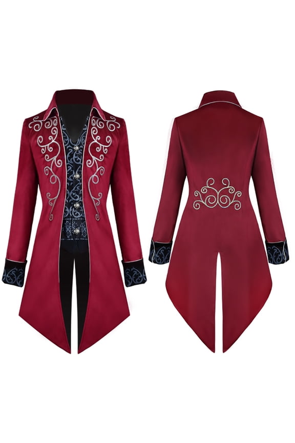 Men's Steampunk Vintage Tailcoat Jacket Gothic Medieval Victorian Frock Button Down Swallow Coat Uniform L Red Floral