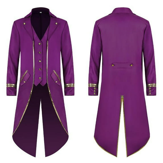 IBTOM CASTLE Men's Steampunk Vintage Tailcoat Jacket Gothic Medieval Victorian Frock Button Down Swallow Coat Uniform M Purple & Gold