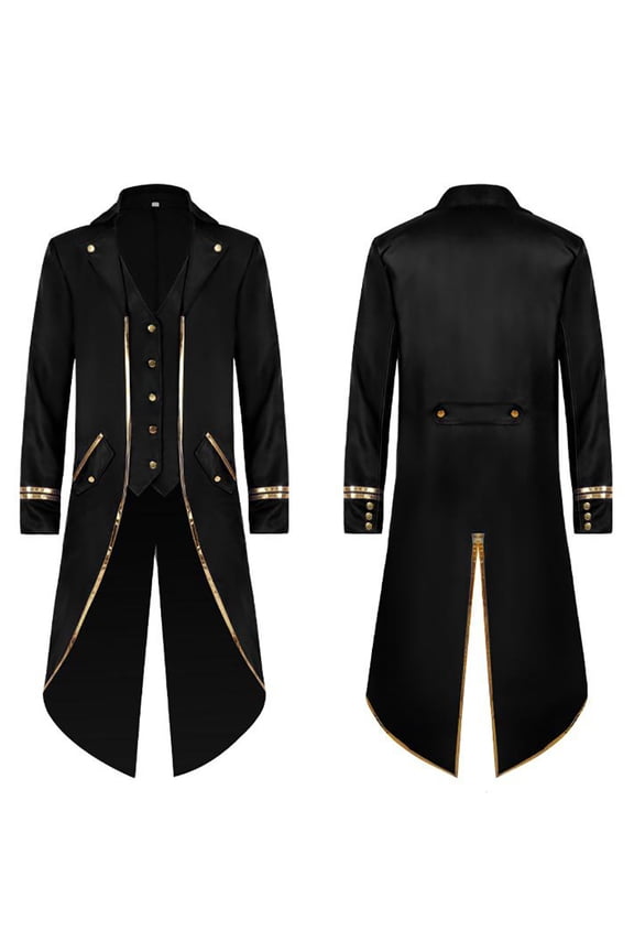Men's Steampunk Vintage Tailcoat Jacket Gothic Medieval Victorian Frock Button Down Swallow Coat Uniform S Black & Gold