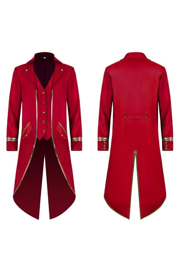 Men's Steampunk Vintage Tailcoat Jacket Gothic Medieval Victorian Frock Button Down Swallow Coat Uniform XL Red & Gold