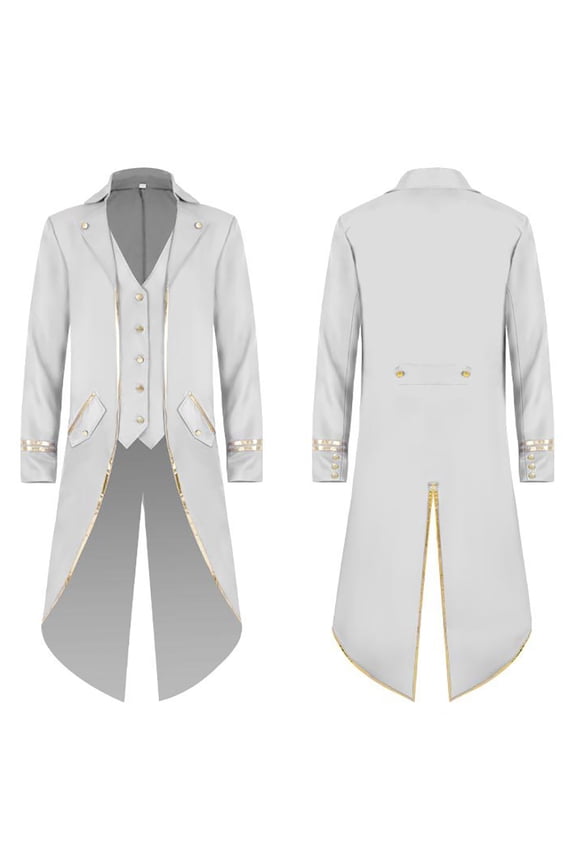 Men's Steampunk Vintage Tailcoat Jacket Gothic Medieval Victorian Frock Button Down Swallow Coat Uniform XL White & Gold