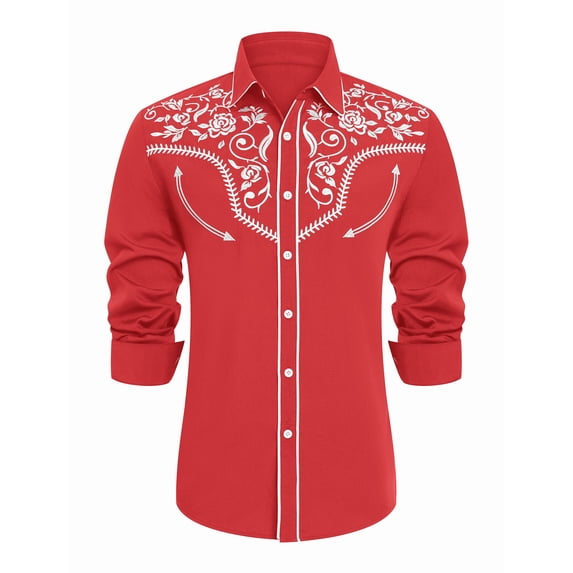 IBTOM CASTLE Men's Western Cowboy Shirt Embroidered Long Sleeve Button Down Shirt Red