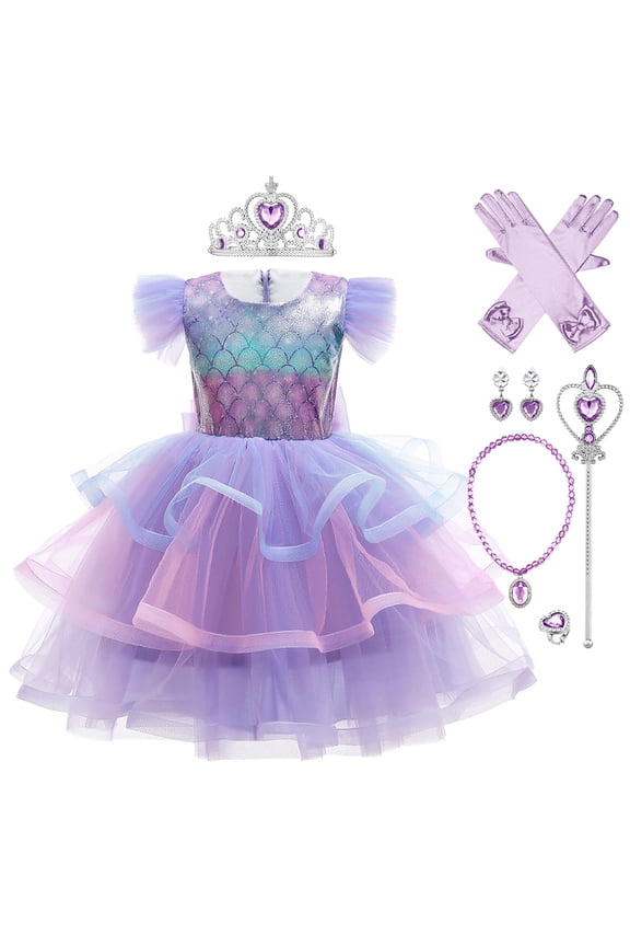 Mermaid Clothes for Toddler Child Girls Princess Dress Kids Birthday Party Carnival Halloween Cosplay Children's Outfits Fancy Dress with Accessories 6-7 Years Purple Sequin