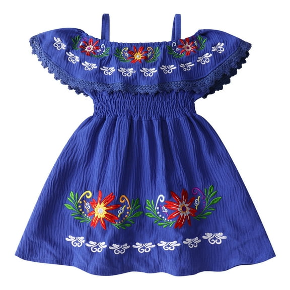 IBTOM CASTLE Mexican Dress for Girls Toddler Baby Cinco de Mayo Fiesta Mexican Off Shoulder Floral Embroidered Drape Casual Dress 6-9 Months Blue
