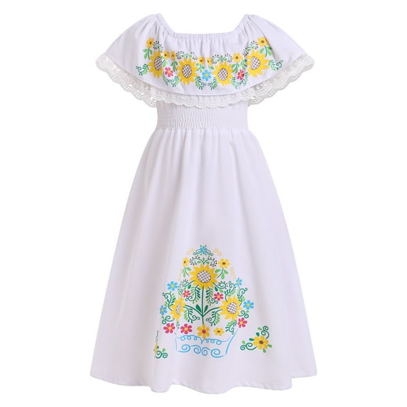 IBTOM CASTLE Mexican Dress for Girls Traditional Off-Shoulder Floral Embroidery Cinco de Mayo Fiesta Party Folklorico Dress 6-7 Years White