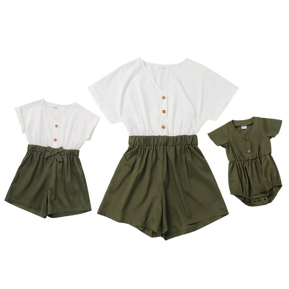IBTOM CASTLE Mommy and Me Dresses Outfits Floral Sling Family Matching Romper V Neck Clothes Suit Set for Mother and Daughter 12-18 Months White + Green