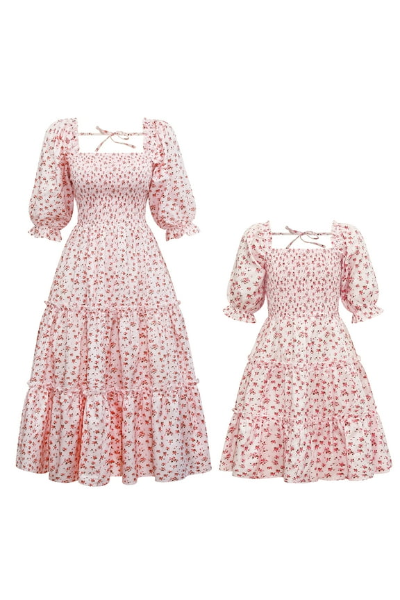 Mommy and Me Matching Dresses Floral Printed Ruffled Lantern Sleeves A-Line Long Dress Mom Daughter Matching Outfits 7-8 Years Pink Floral