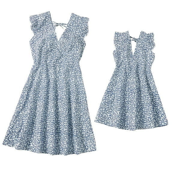 IBTOM CASTLE Mommy and Me Dresses Matching Outfits Floral Sleeveless Spaghetti Strap V Neck Sunflower Beach Dress for Mother and Daughter 6-7 Years Blue Flower