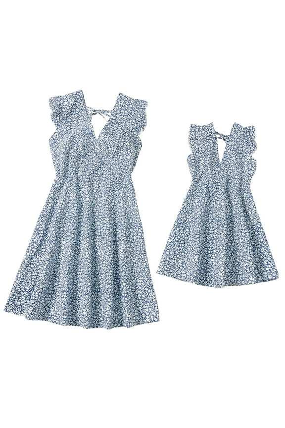 Mommy and Me Dresses Matching Outfits Floral Sleeveless Spaghetti Strap V Neck Sunflower Beach Dress for Mother and Daughter M Blue Flower