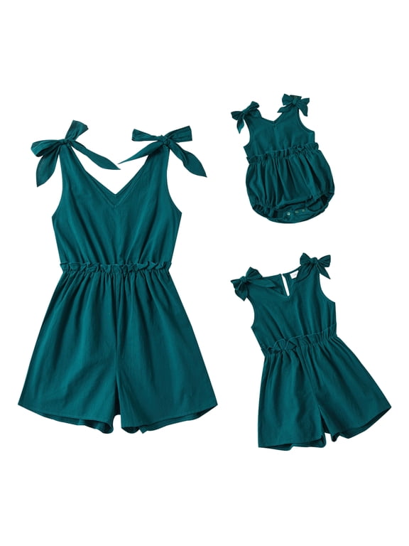 Mommy and Me Dresses Outfits Floral Sling Family Matching Romper V Neck Clothes Suit Set for Mother and Daughter 6-9 Months Dark Green Lace Up