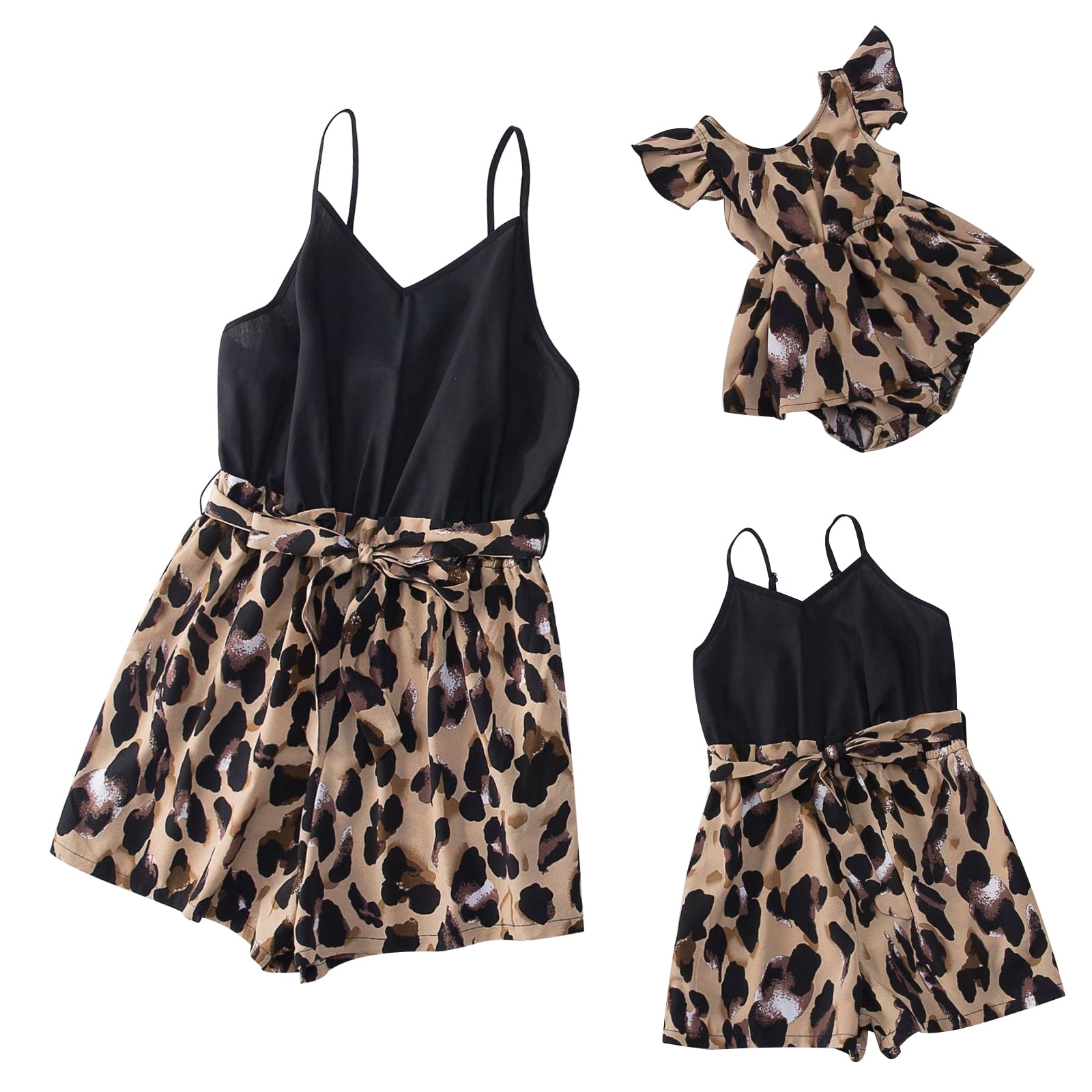 IBTOM CASTLE Mommy and Me Dresses Outfits Floral Sling Family Matching Romper V Neck Clothes Suit Set for Mother and Daughter 9-12 Months Black + Brown Leopard