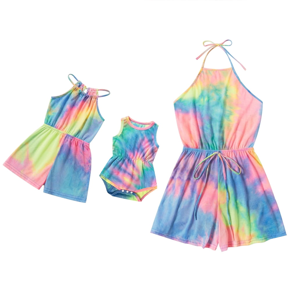 IBTOM CASTLE Mommy and Me Dresses Outfits Floral Sling Family Matching Romper V Neck Clothes Suit Set for Mother and Daughter 9-12 Months Rainbow Tie Dye