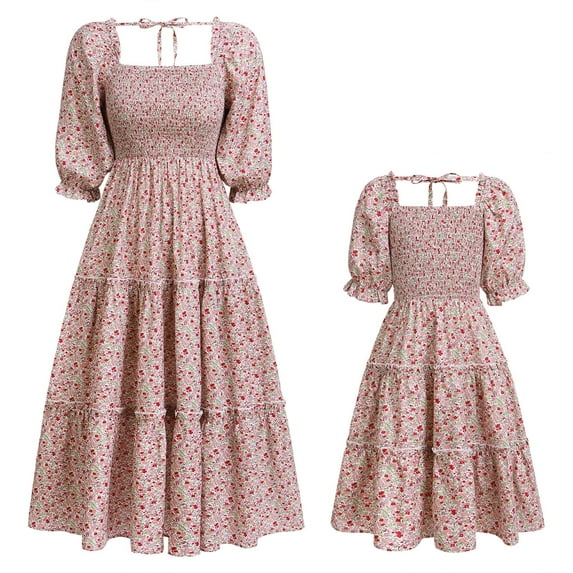 IBTOM CASTLE Mommy and Me Matching Dresses Floral Printed Ruffled Lantern Sleeves A-Line Long Dress Mom Daughter Matching Outfits 11-12 Years Pink Flowers