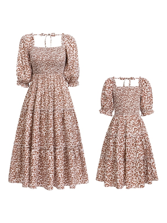 Mommy and Me Matching Dresses Floral Printed Ruffled Lantern Sleeves A-Line Long Dress Mom Daughter Matching Outfits 9-10 Years Coffee Leopard