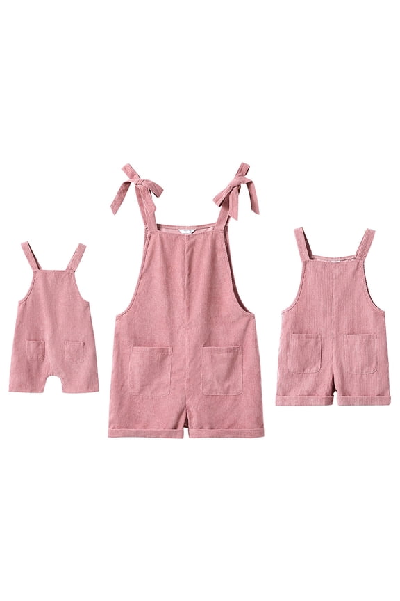 Mommy and Me Outfits Solid Color Family Matching Overall Shorts Jumpsuit Romper Summer Clothes for Mother and Daughter 12-18 Months Pink Corduroy