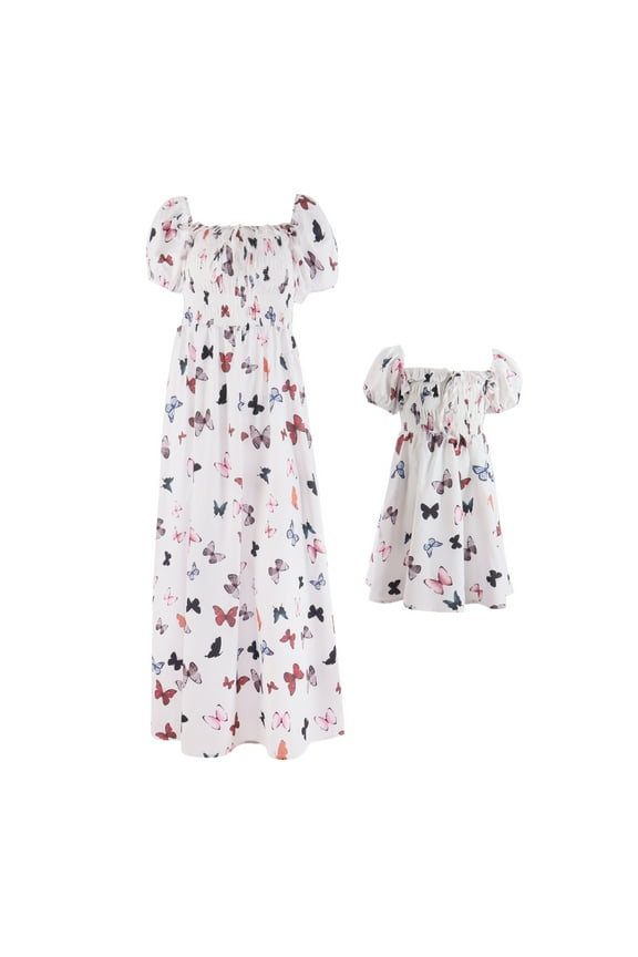 Mommy and Me Dress Summer Casual Boho Floral A-Line Ruffled Flowy Beach Hawaiian Vacation Maxi Dress 3-4 Years White Butterfly