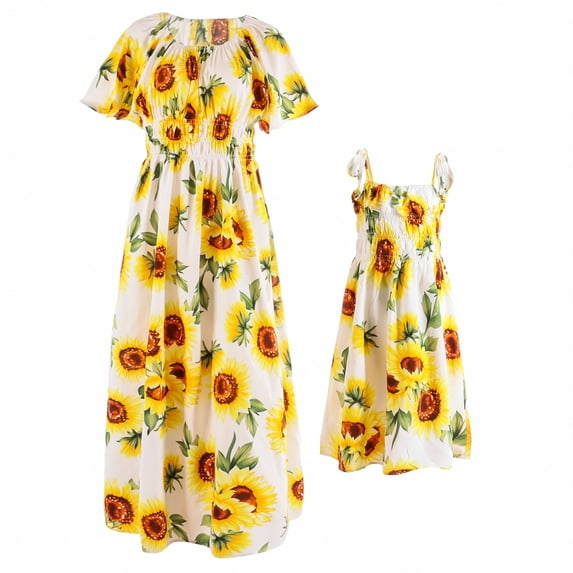 IBTOM CASTLE Mommy and Me Dress Summer Casual Boho Floral A-Line Ruffled Flowy Beach Hawaiian Vacation Maxi Dress 6-7 Years Yellow Sunflower