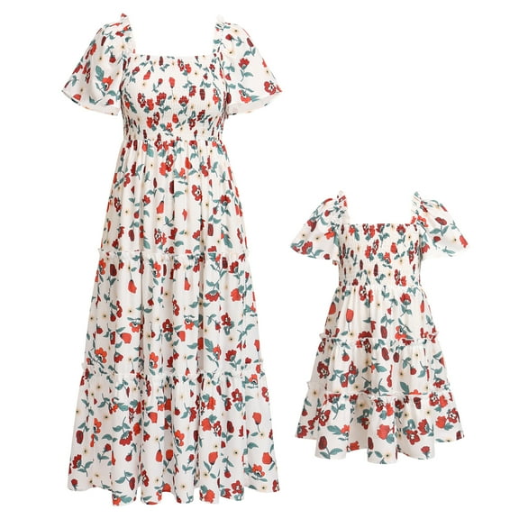 IBTOM CASTLE Mommy and Me Dress Summer Casual Boho Floral A-Line Ruffled Flowy Beach Hawaiian Vacation Maxi Dress S White Floral