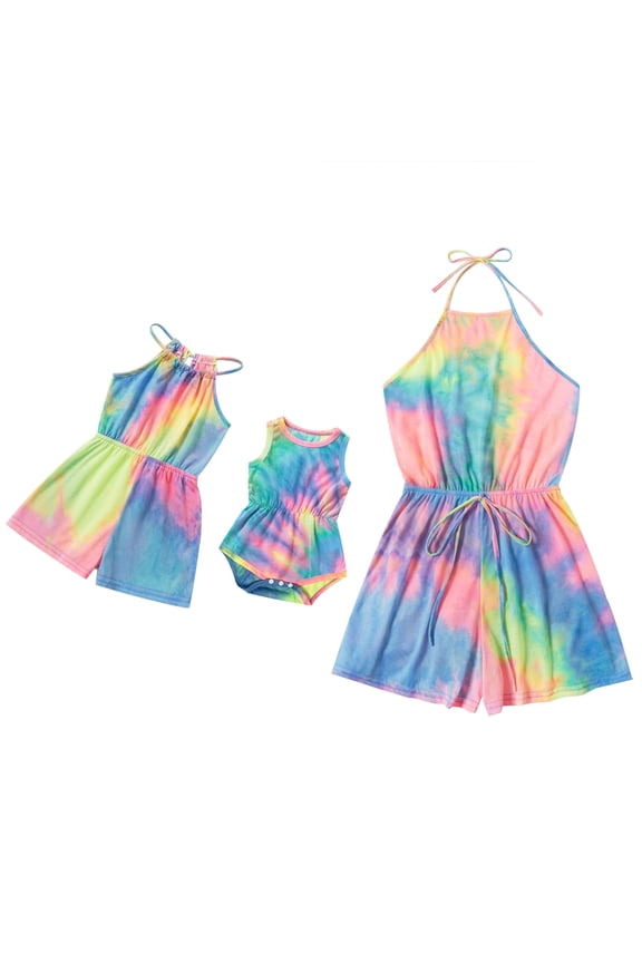 Mommy and Me Dresses Outfits Floral Sling Family Matching Romper V Neck Clothes Suit Set for Mother and Daughter L Rainbow Tie Dye