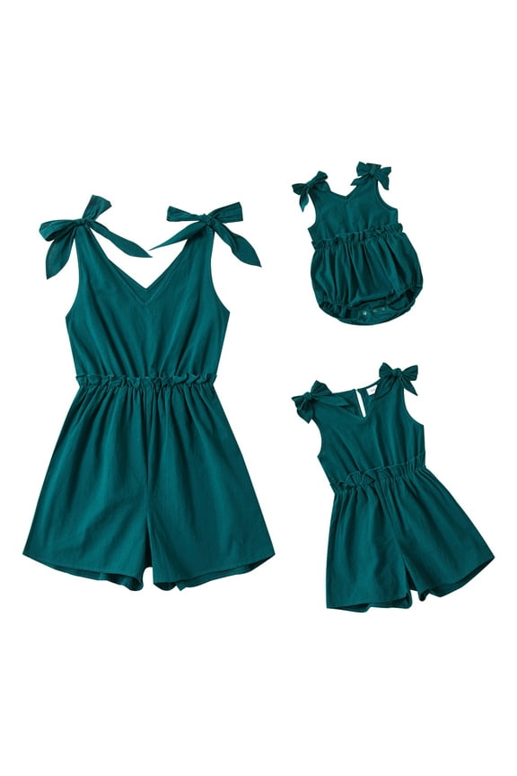Mommy and Me Dresses Outfits Floral Sling Family Matching Romper V Neck Clothes Suit Set for Mother and Daughter M Dark Green Lace Up
