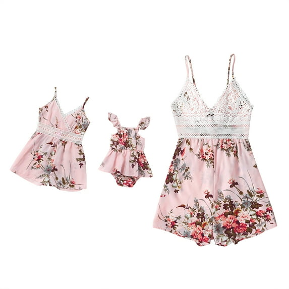IBTOM CASTLE Mommy and Me Dresses Outfits Floral Sling Family Matching Romper V Neck Clothes Suit Set for Mother and Daughter S Pink Floral