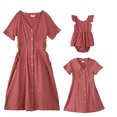 thumbnail image 1 of IBTOM CASTLE Mommy and Me Matching Dresses Ruffled Midi Dress Summer Solid Color Stripe Mom Daughter Matching Outfits 2 Years Brick Red, 1 of 8