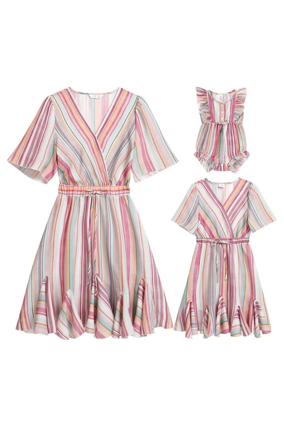 Mommy and Me Matching Dresses Ruffled Midi Dress Summer Solid Color Stripe Mom Daughter Matching Outfits 4-5 Years Colorful Stripes